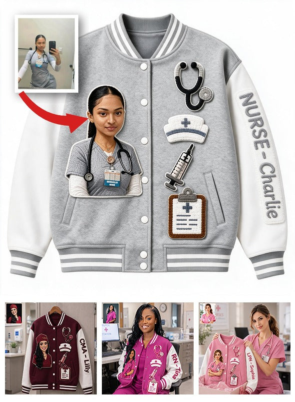 Personalized Photo Nurse Varsity Jacket Custom Nurse Life Appreciation Gift for Registered Nurses and Healthcare Workers