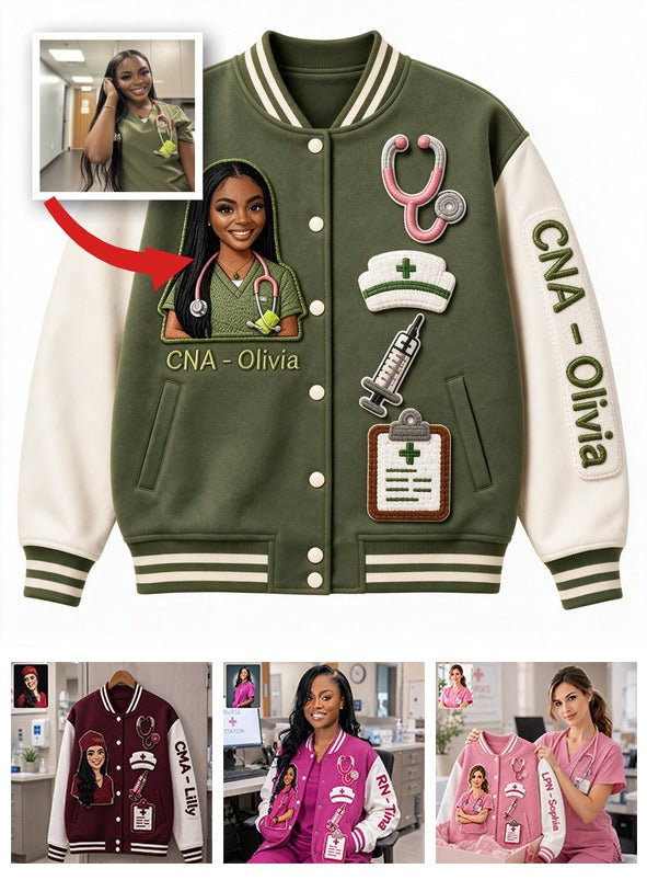 Personalized Black Nurse Varsity Jacket Custom Embroidered Healthcare Staff Appreciation Gift for CNA Nursing Professionals