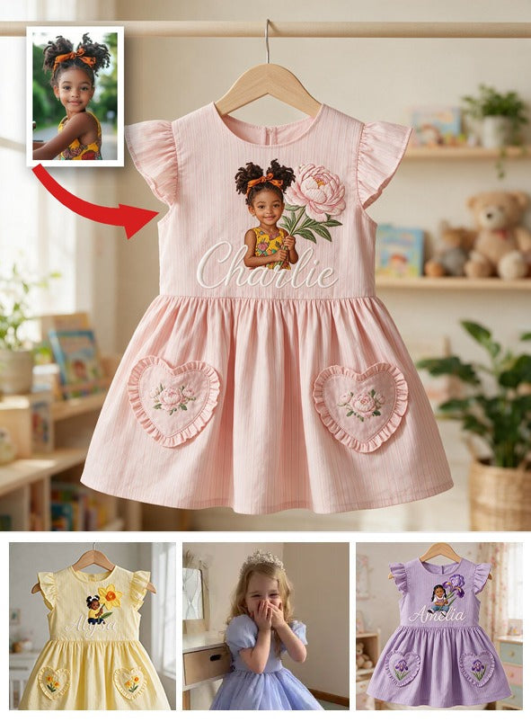 Personalized 3 Year Old Girl Pink Ruffle Sleeve Little Black Girl Dress Custom Embroidered Portrait Birth Flower Perfect Gift for Daughter Niece