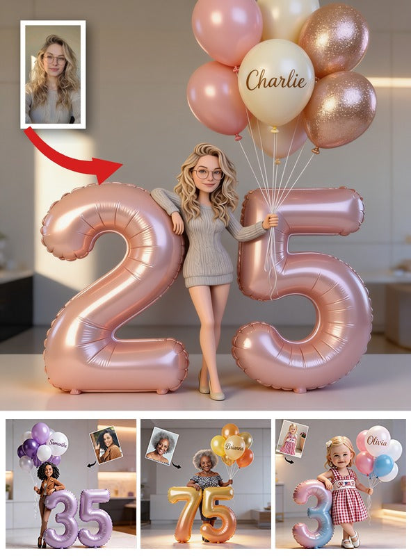 Custom Shaped Personalized Milestone Birthday Acrylic Plaque, Adult Woman with Balloons & Age Number Keepsake Gift