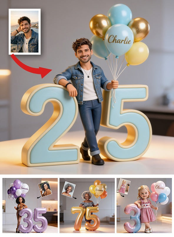 Personalized Custom Smiling Adult Man Milestone Birthday Balloon Shaped Acrylic Plaque, Unique Gift For Him