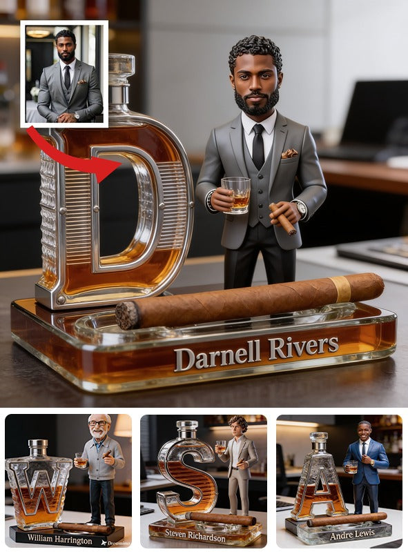 Custom Photo Adult Black Man in Suit Whiskey Cigar Initial Acrylic Plaque Desk Gift