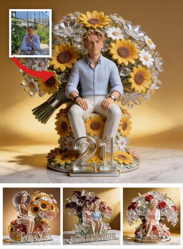 Personalisierte Foto 21. Geburtstag Mann mit Sonnenblumen Acrylplakette Geschenk für Ihn