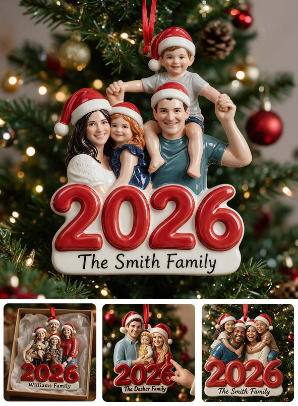 Custom Photo Christmas Family Of Four 2026 Premium 3D Resin Ornament