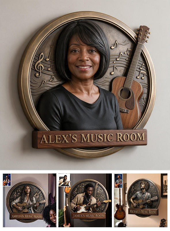 Custom Photo Middle-Aged Black Woman Music Room 3D Metal Sign Guitar Wall Decor