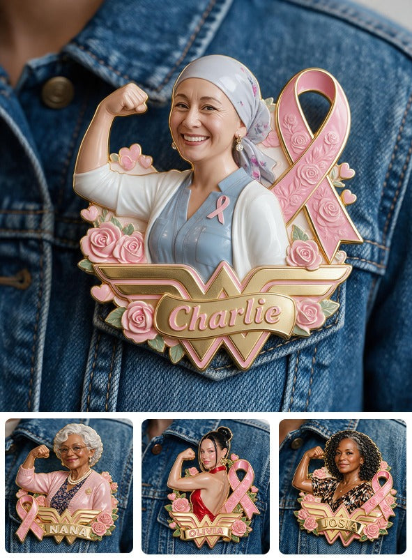 Personalized Middle-Aged Breast Cancer Woman 3D Embossed Enamel Pin Awareness Gift