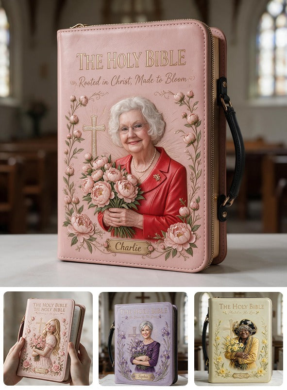 Personalized Older Woman Christian Leather Bible Cover Bag, Religious Gift for Grandma Mom Wife