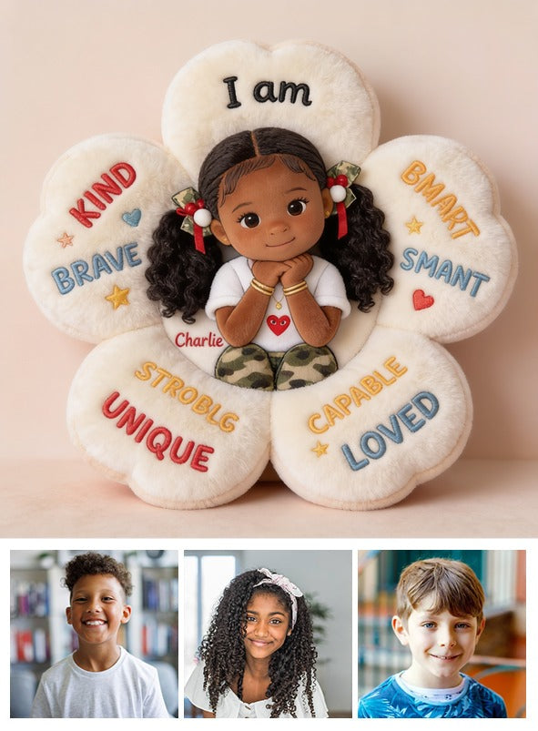 Personalized Black Little Girl Affirmation Faux Fur Shaped Pillow