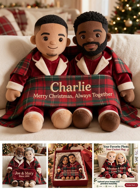 Personalized Christmas Black Gay Couple Faux Fur Pillow LGBT Holiday Decor