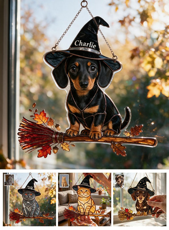 Personalisierter Halloween Schwarz- und Braun-Dackel Welpe 3D-gedruckter Glas-Sonnenfänger