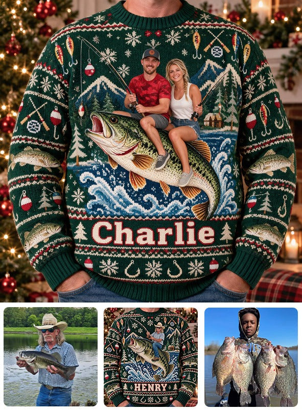 Personalized Christmas Fishing Couple Ugly Sweater