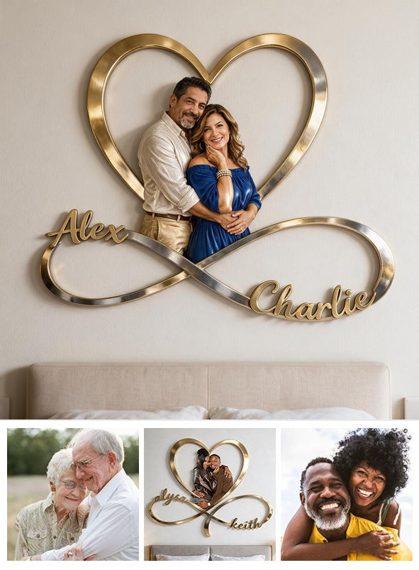 Personalized Custom Photo Middle-Aged Latino Couple Infinity Heart Metal Sign Bedroom Decor