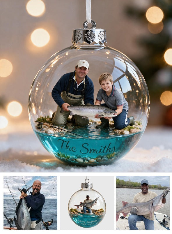 Personalized Custom Photo Christmas Father and Child with Fish Fishing Ornament