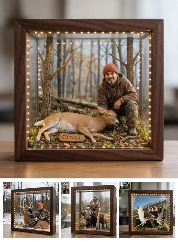 Personalized Custom Photo Middle-Aged Latino Hunter with Deer Wooden Frame LED Light Hunting Gift