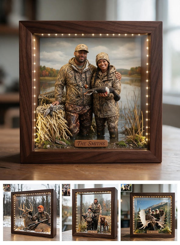 Personalized Custom Photo Black Hunting Couple Wooden Frame LED Light Hunting Gift