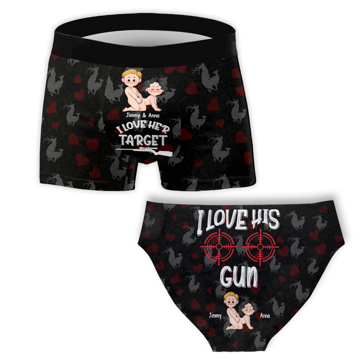 Ich liebe ihr Ziel, ich liebe seine Waffe – personalisierte Jagd-Slips für Damen und Boxershorts für Herren