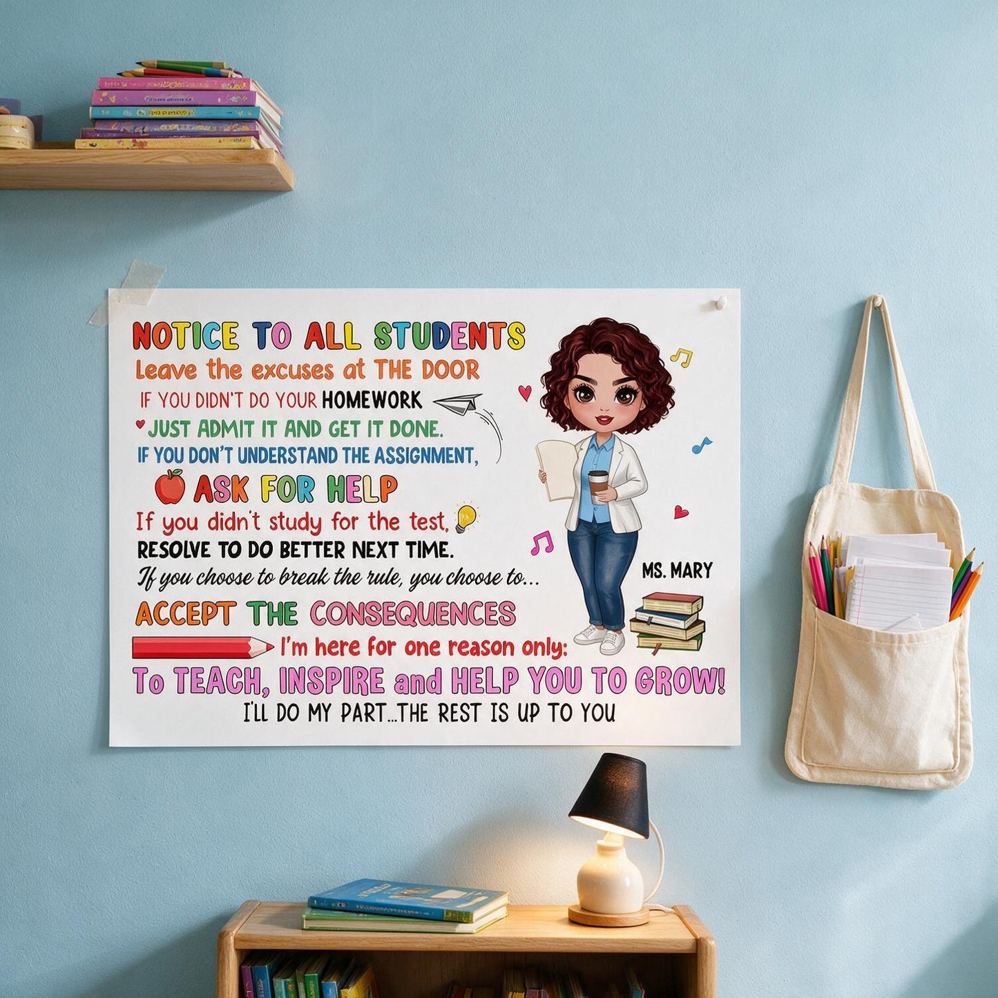 Personalisierter Hinweis an alle Schüler Horizontales Poster, Lehrer Klassenregeln Wanddekoration, Geschenk für Lehrer zum Schulanfang