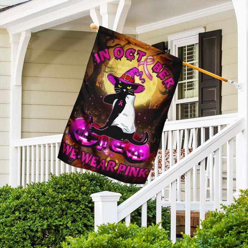 In October We Wear Pink Halloween Cat - Breast Cancer Awareness House Flag 0822