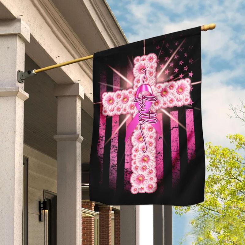 Rosa Schleife mit Kreuz und amerikanischer Flagge – Hausflagge zur Sensibilisierung für Brustkrebs 0822