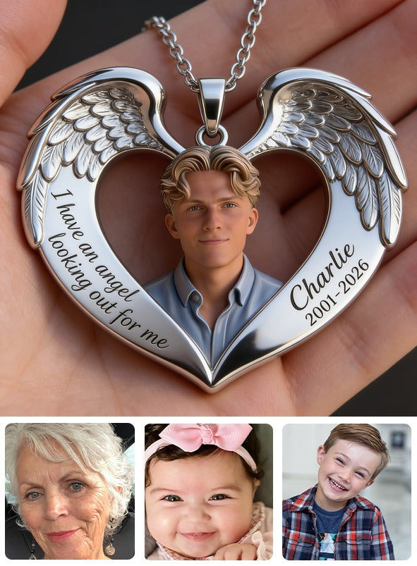Personalized Memorial Man Angel Wing Heart Pendant Necklace