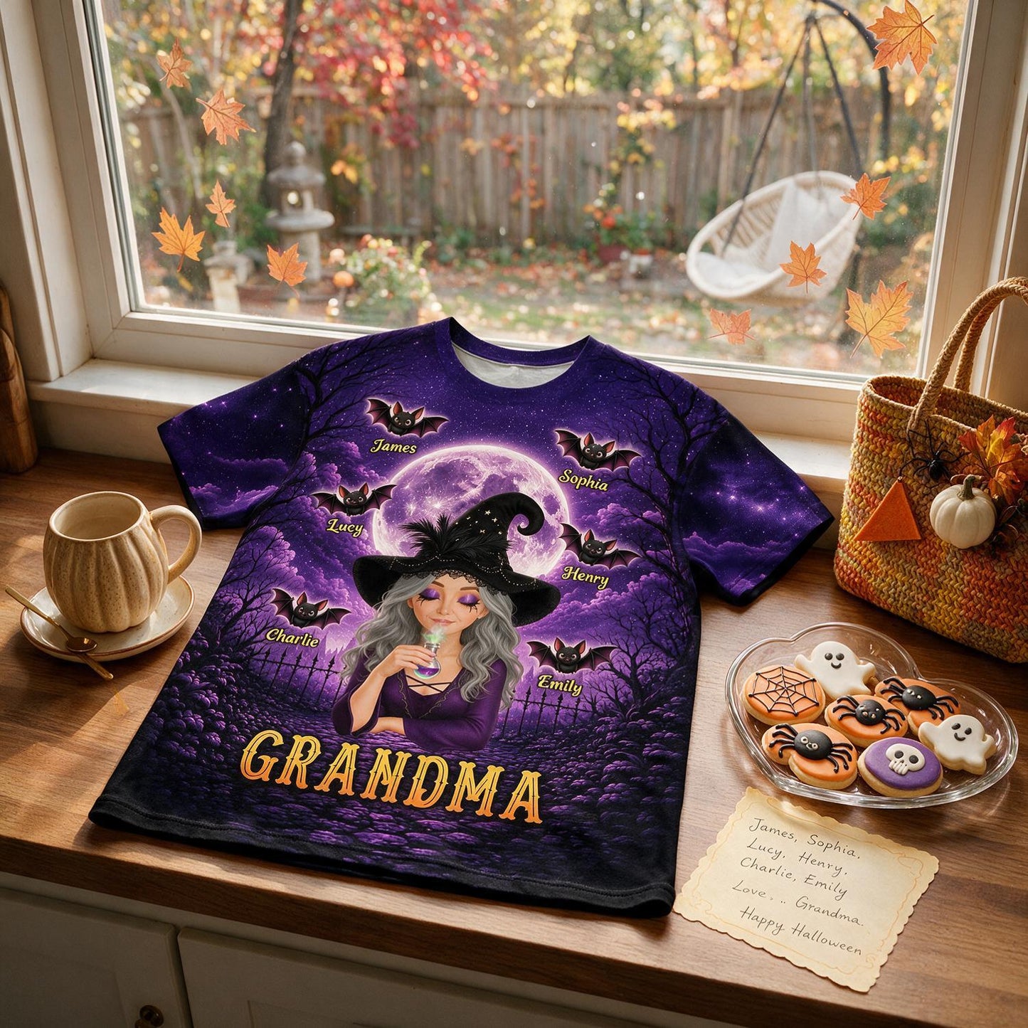Personalized Grandma Witch Halloween Shirt with Custom Grandkids Names on Bats - Spooky Family Gift for Grandma