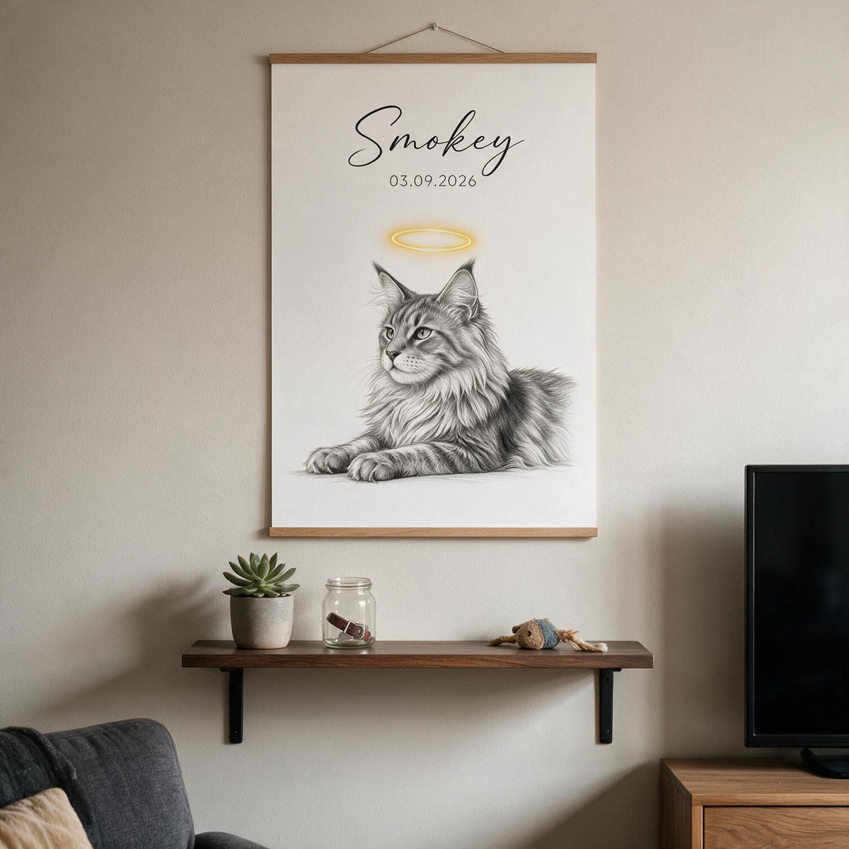 Personalized Fluffy Tabby Maine Coon Cat Memorial Framed Poster - Pet Loss Sympathy Gift