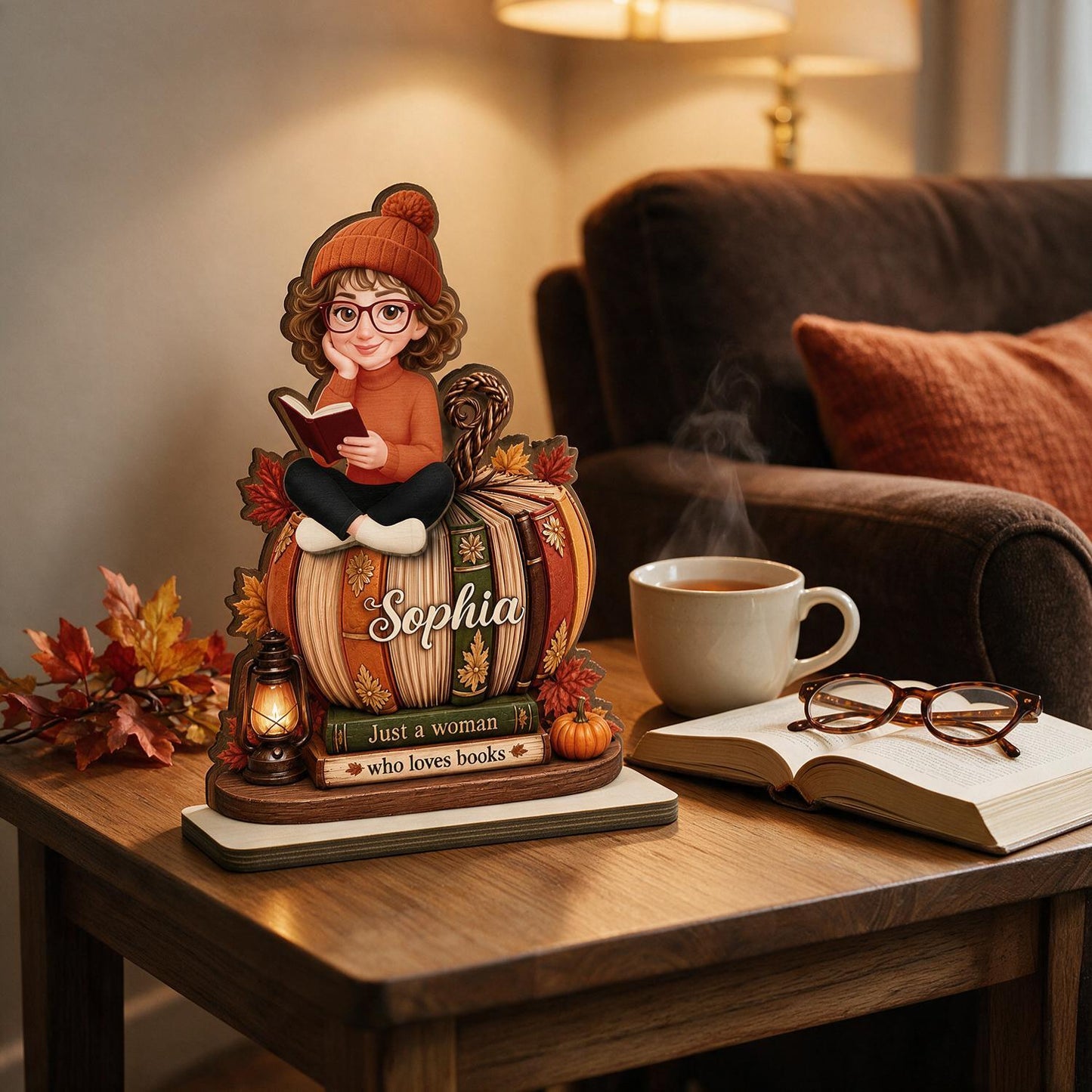 Personalized Fall Book Pumpkin 2-Layer Wooden Plaque - Girl Reading Autumn Decor Gift for Book Lovers