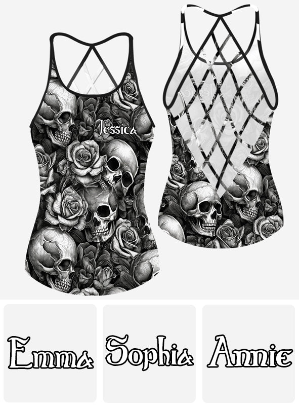 Totenkopf-Rosen Schwarz-Weiß - Personalisiertes Totenkopf-Kreuz-Tanktop