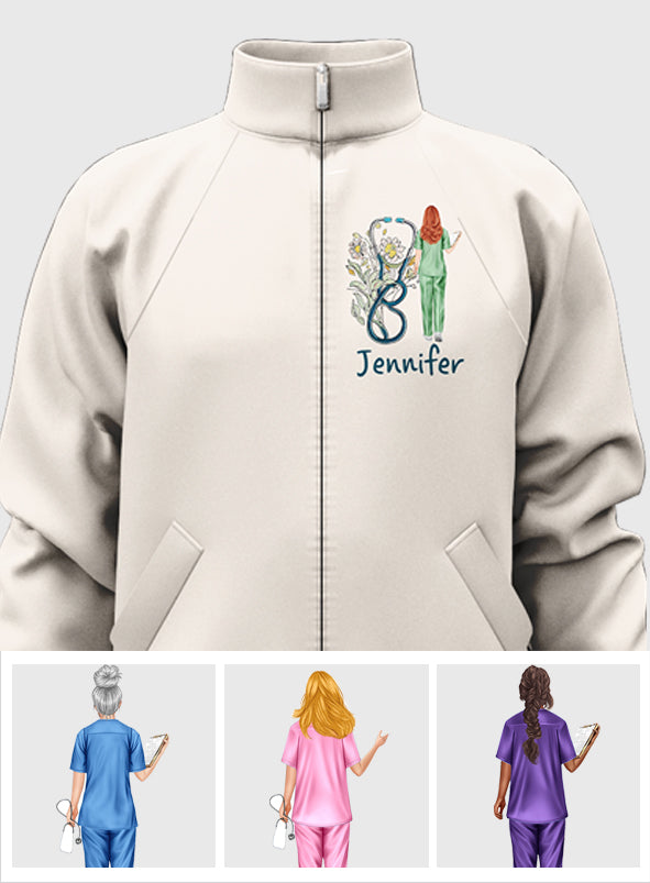 Krankenschwester-Blumen-Stethoskop - Personalisierte Krankenschwester-Reißverschlussjacke
