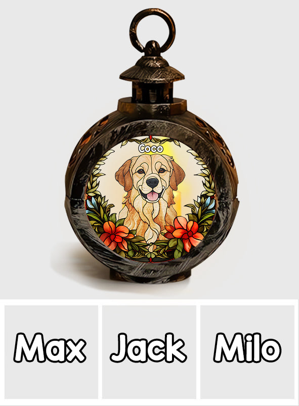Personalisierte runde Laterne mit Beleuchtung für Haustiere – ideal für Hunde.