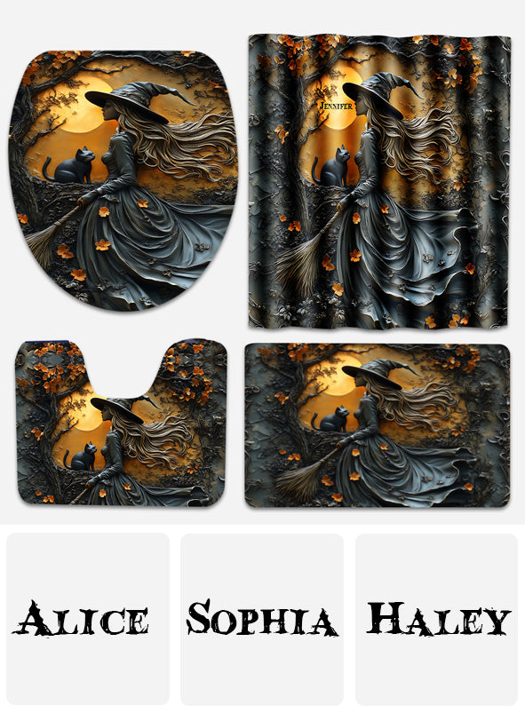 Wunderschöne Hexe & ihre schwarze Katze – Personalisiertes Hexen-Badezimmer-Vorhang- und Fußmatten-Set