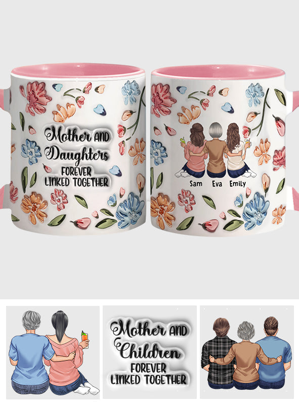 Mutter und Töchter, Söhne, Kinder – für immer verbunden – Personalisierte Tasse mit Blumenmuster und Muttermotiv
