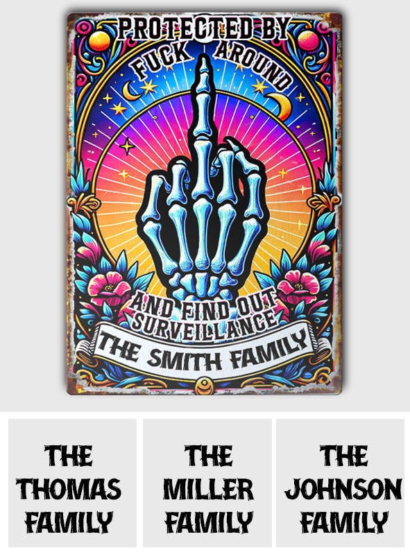 Protected by Fck Around and Find out Surveillance - Personalized Skull Rectangle Metal Sign