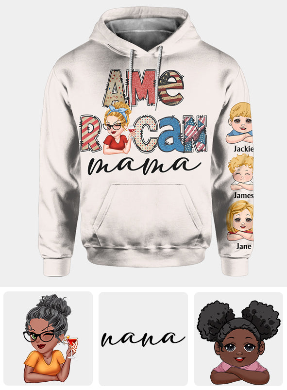 Amerikanische Mama – Beliebiger Titel – Vintage-Retro-Stil – Personalisiertes Mutter-Shirt mit Allover-Aufdruck