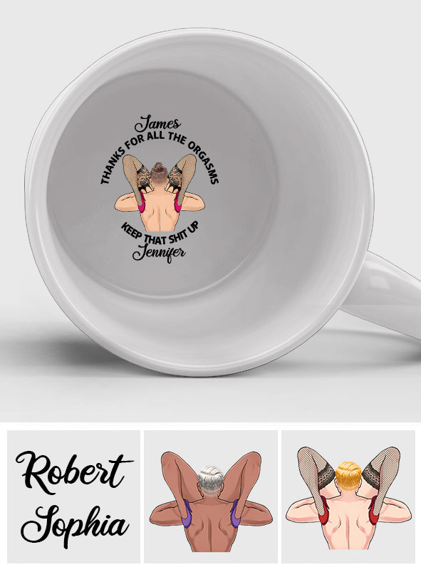 Danke für all die Orgasmen – Personalisierte Tasse für Paare mit versteckter Botschaft