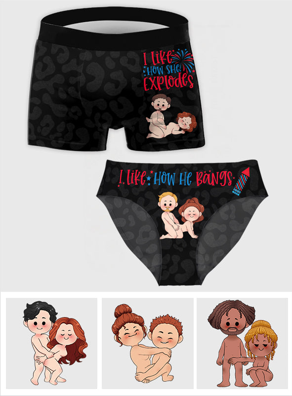 I Like How He Bangs I Like How She Explodes 4th July - Personalized Couple Women Briefs & Men Boxer Briefs