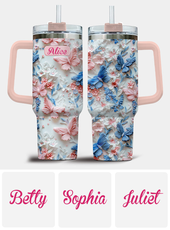 Personalisierter Schmetterlingsbecher mit Henkel in Rosa und Blau