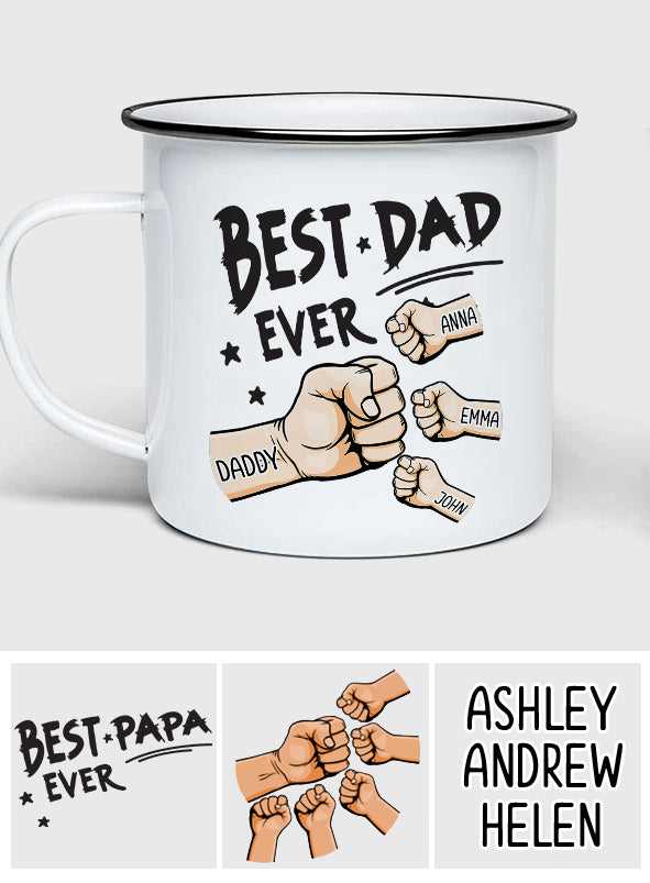 „Bester Papa aller Zeiten“-Faustgruß – personalisierte Emaille-Tasse für Väter