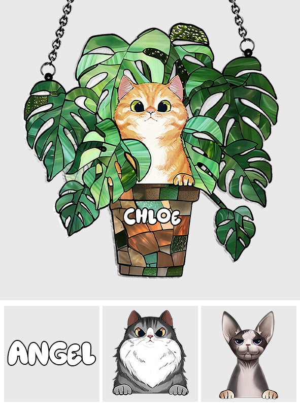 Katze und Monstera – Personalisierter Katzen-Fensterhänger