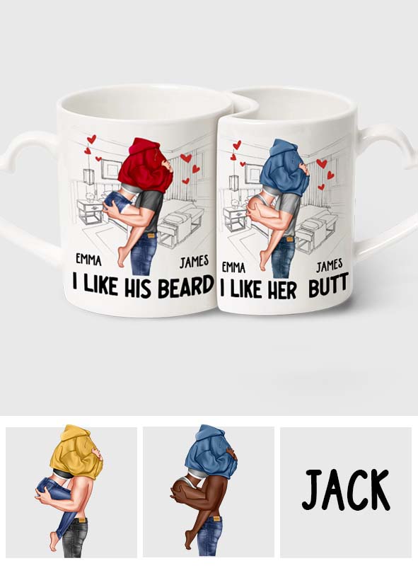 Ich mag seinen Bart, ich liebe ihren Po – Personalisierte Partner-Tasse mit passendem Herzgriff