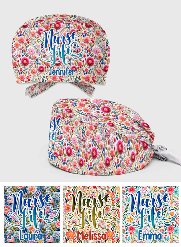 Krankenschwester-Look mit Blumenmuster – Personalisierte OP-Haube für Krankenschwestern