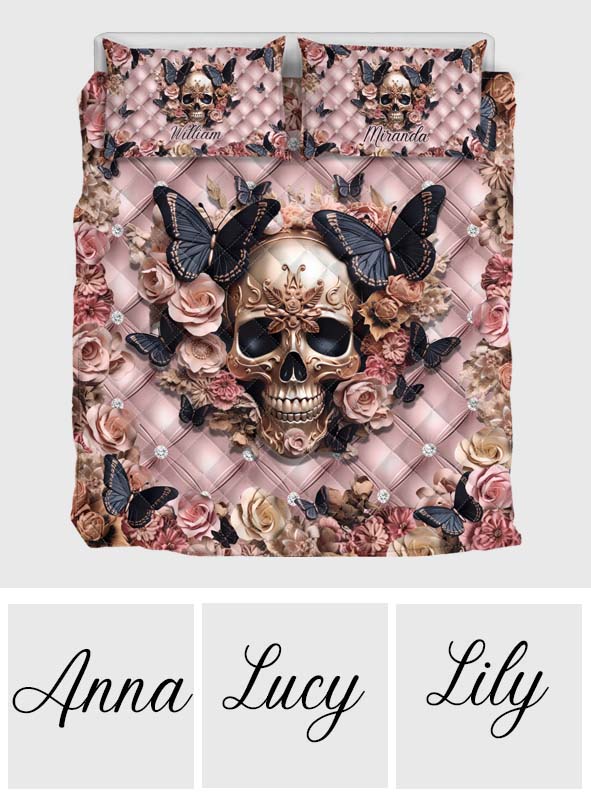 Rosa Totenkopf & Schwarze Schmetterlinge – Personalisierte Totenkopf-Bettwäschegarnitur