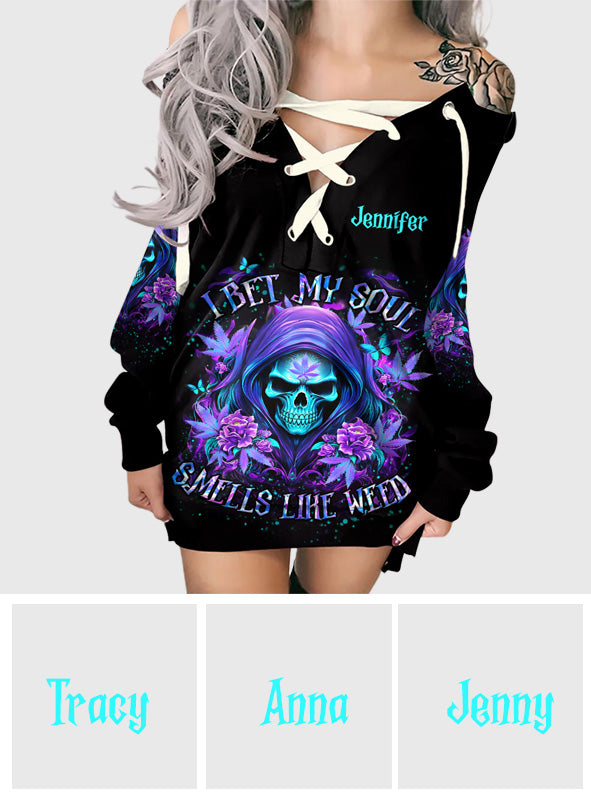 Ich wette meine Seele – personalisiertes schulterfreies Langarmkleid mit Cannabis-Motiv