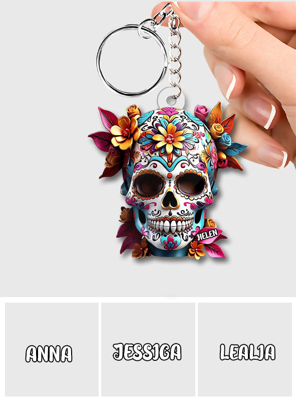 Floral Sugar Skull - Personalized Skull Custom Shaped Keychain