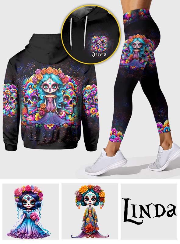 Niedliche Puppen La Catrina – Personalisierter Totenkopf-Hoodie und Leggings