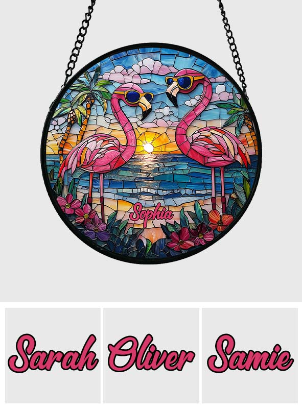 Wunderschöne Flamingos – Personalisierter Flamingo-Sonnenfänger aus Buntglas