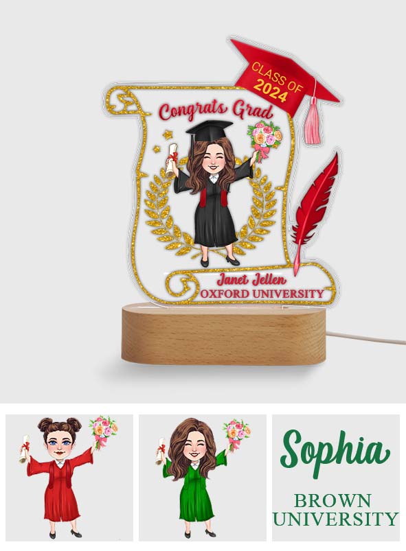 Glückwunsch zum Abschluss – Personalisierte, abschlussförmige Gedenktafel mit Leuchtfuß