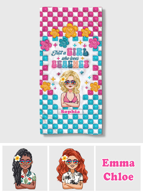 Einfach ein Mädchen, das Strände liebt – personalisiertes Strandtuch für Meeresliebhaber