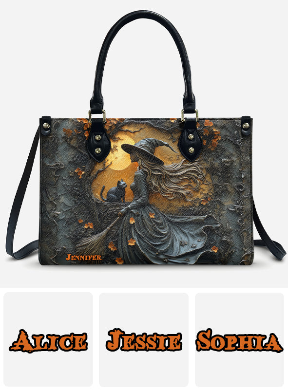 Beautiful Witch & Her Black Cat - Personalized Witch Leather Handbag