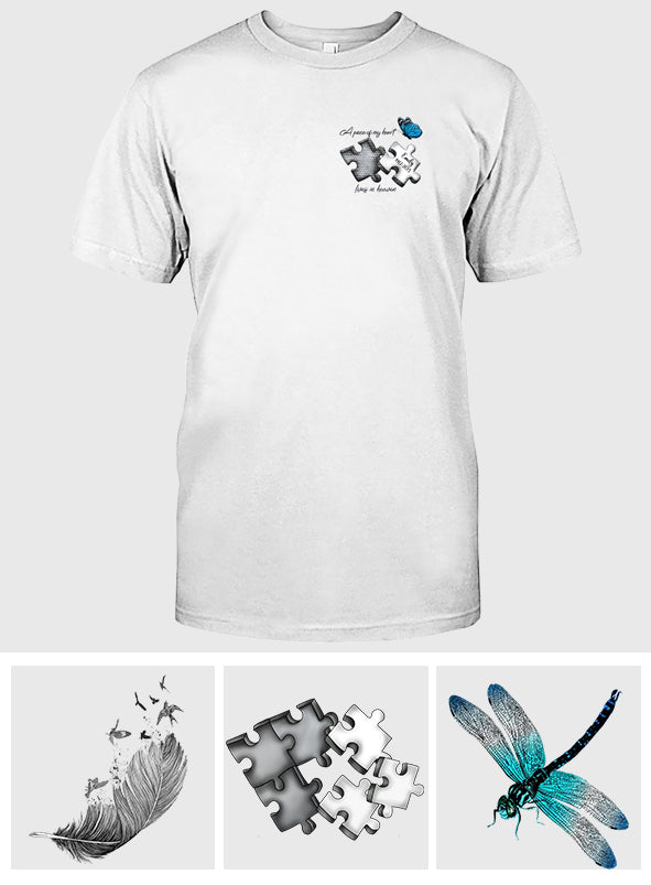 Gedenk-T-Shirt mit Schmetterlings-, Libellen- und Himmelsfedermotiv – personalisierte Gedenkstickerei